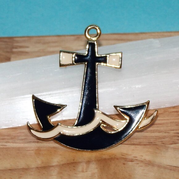 Anchor Brooch Navy Blue Ivory Enamel Pin - Picture 1 of 2